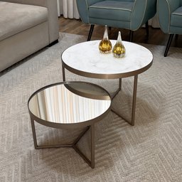Conjunto Mesa de Centro Redonda Dallas Marmo Branco com Espelho - Champagne - 2