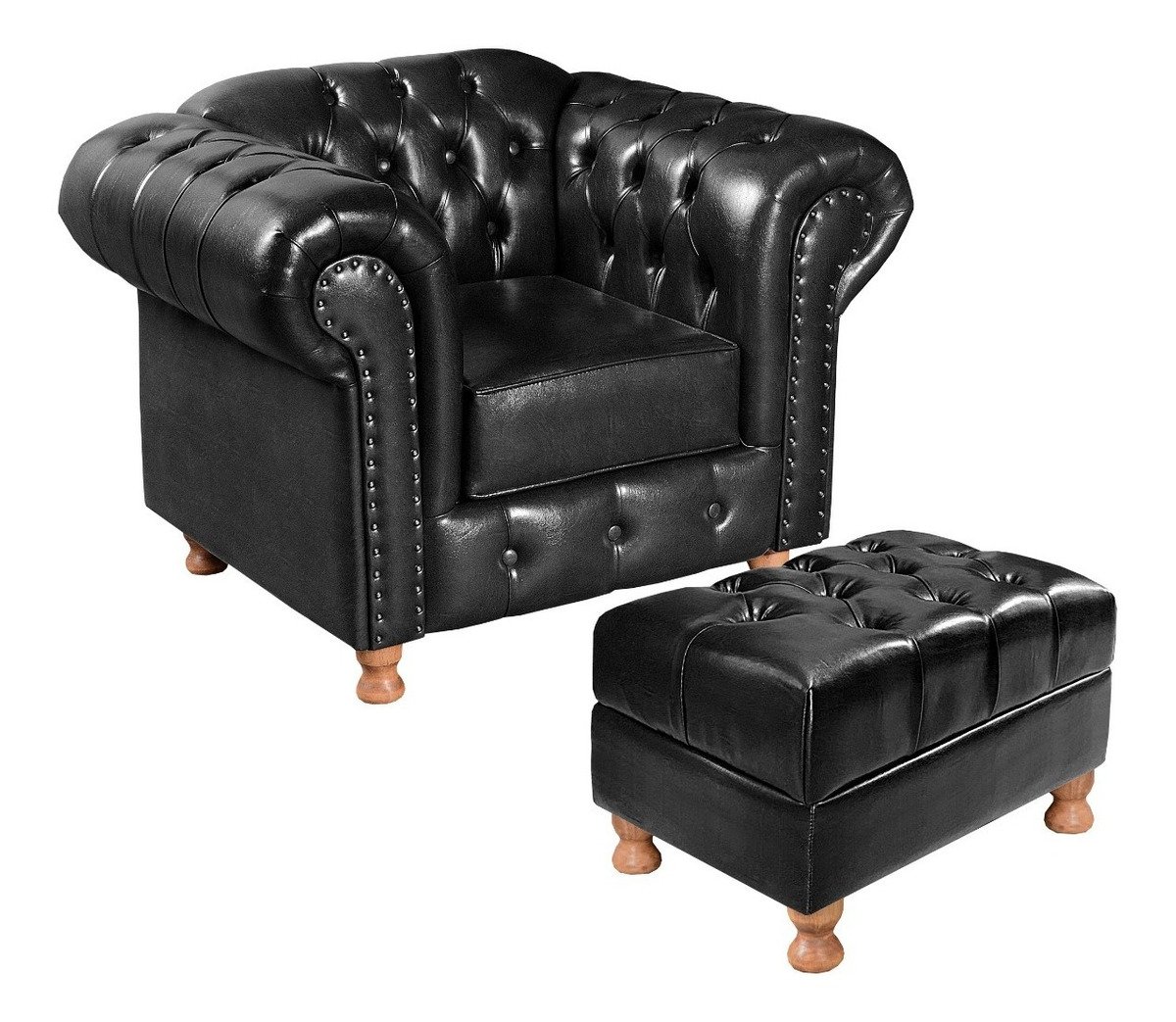 Poltrona Com Puff Capitonê Chesterfield Luís Xv - Couríssimo Preto