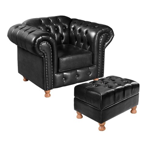 Poltrona Com Puff Capitonê Chesterfield Luís Xv - Couríssimo Preto
