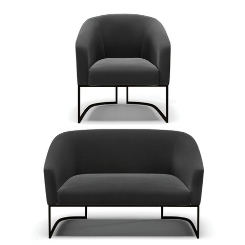 Sofá Namoradeira e Poltrona Base Industrial Preto Stella Suede D03 - D’Rossi