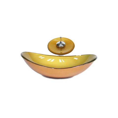 CUBA DE VIDRO OVAL 47CM DOURADO REAL + VALVULA + TORNEIRA CASCATA