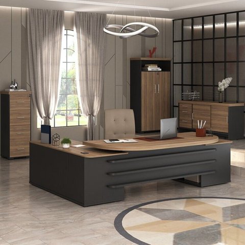 Conjunto Mesa Presidente Balcão Tamburato Armário com Nicho Arquivo Preto/Nogal Artany