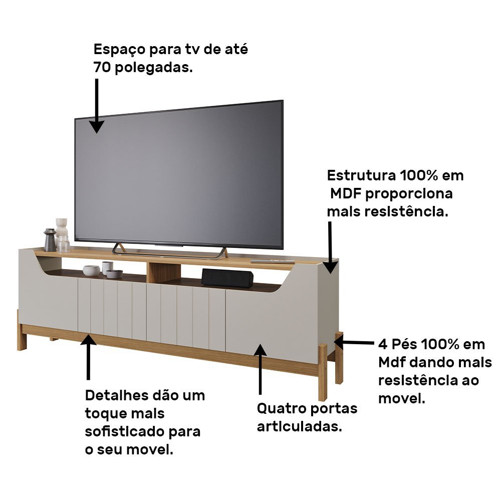 Estante Home Moema com 4 Portas Painel para TV até 70 Polegadas Permóbili Off White/Nature - 5