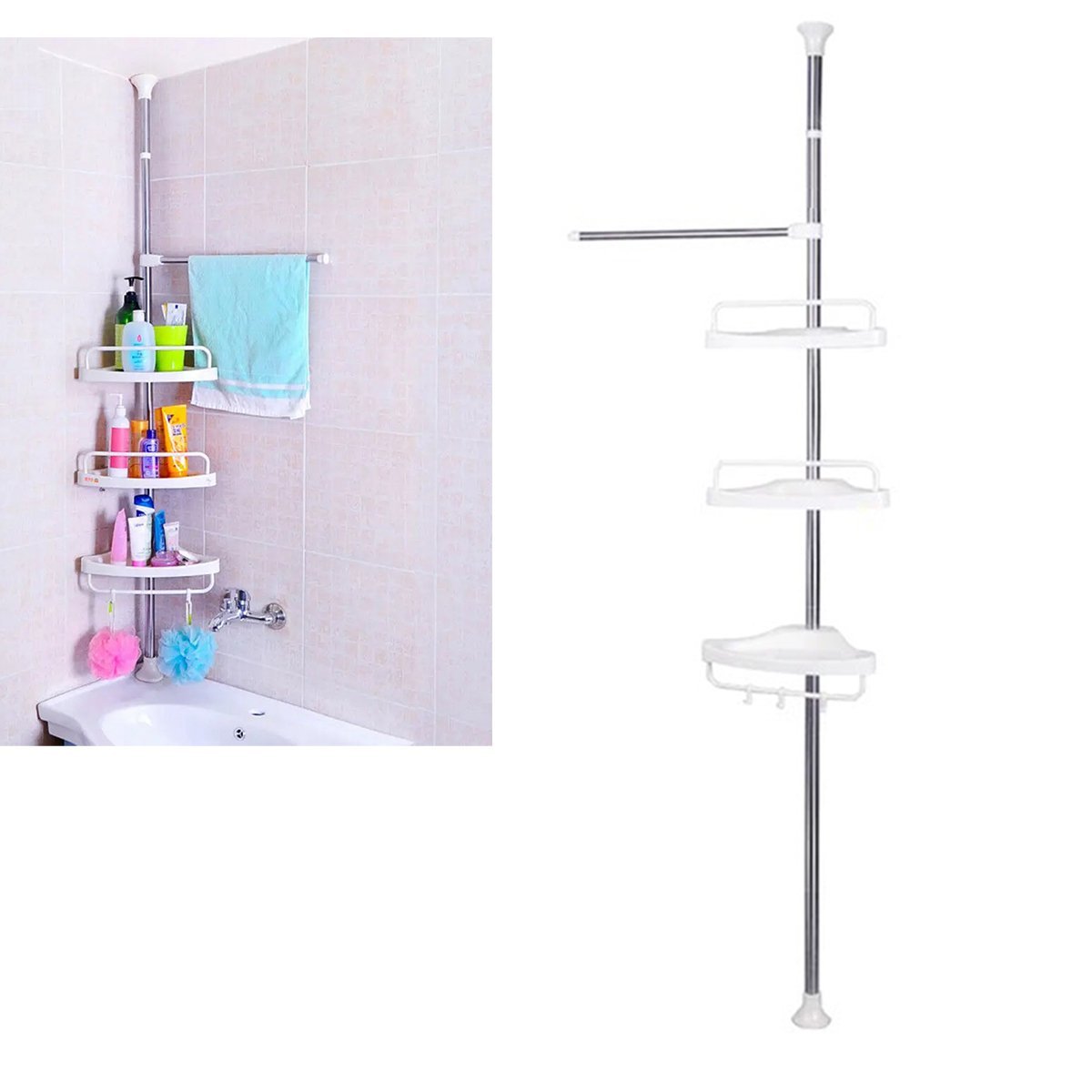 Organizador Banheiro Prateleira de Canto Suporte Inox Box Gancho Ajustavel Shampoo Condicionador Toa - 1