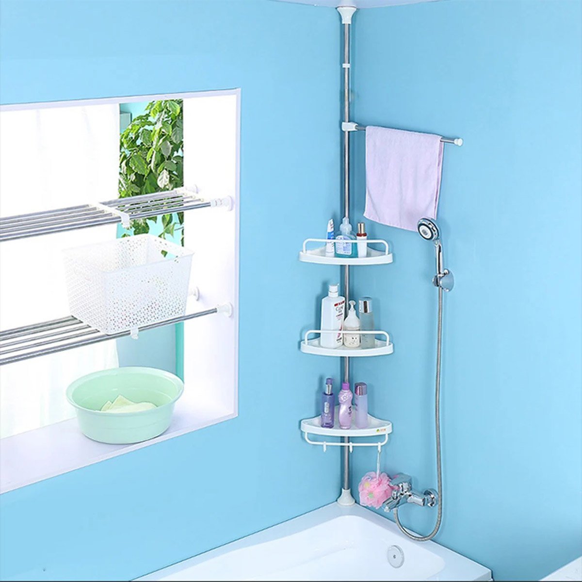 Organizador Banheiro Prateleira de Canto Suporte Inox Box Gancho Ajustavel Shampoo Condicionador Toa - 2