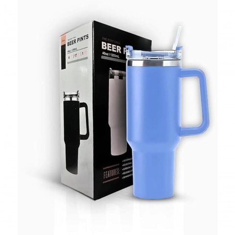 Copo Térmico Grande 1200 Ml Canudo Parede Dupla Azul Claro