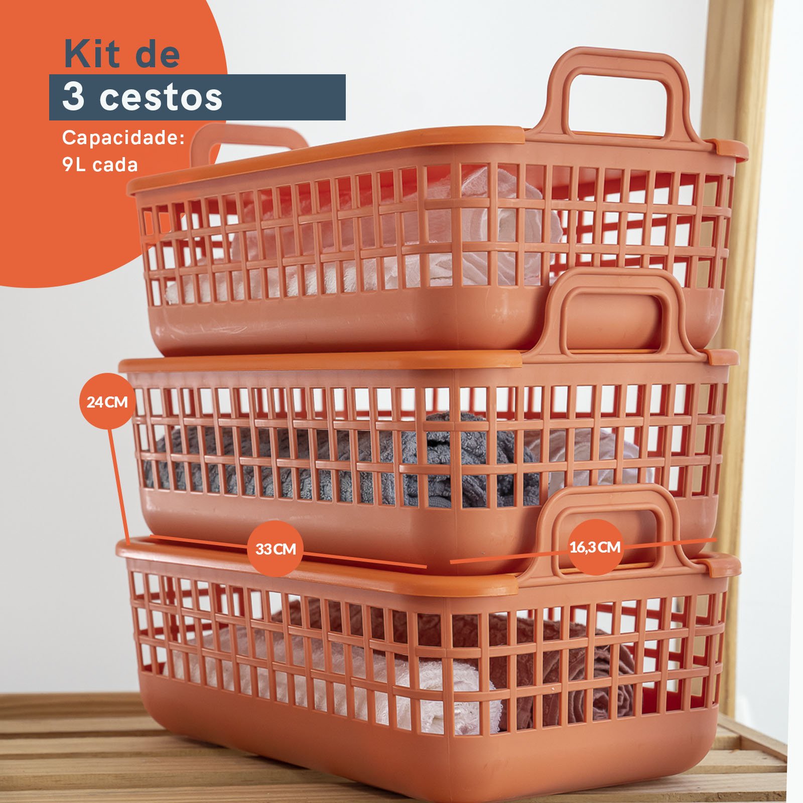 KIT 3 CESTOS TELADO MULTIUSO 9L TERRACOTA - OIKOS - 2