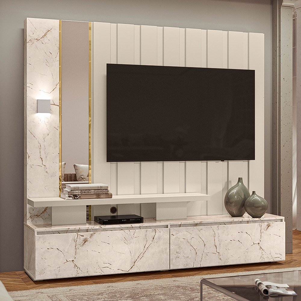 Estante Home Theater Com Espelho e LED 2 Gavetas Zeus Calacata/Off White - Madetec - 2