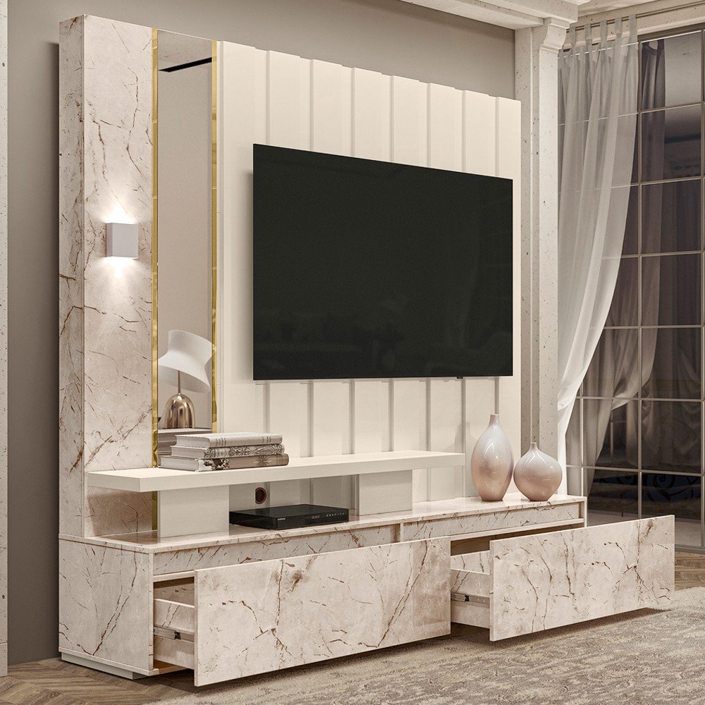 Estante Home Theater Com Espelho e LED 2 Gavetas Zeus Calacata/Off White - Madetec - 4