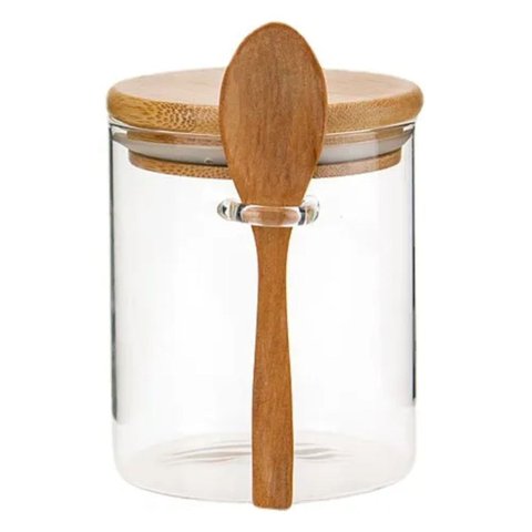 Pote de Vidro 250 Ml com Tampa Hermética de Bambu e Colher - para Temperos e Cereais