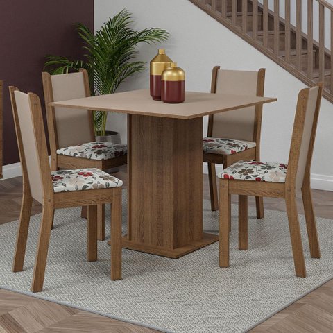 Conjunto Sala de Jantar Mesa Tampo de Madeira 4 Cadeiras Rustic/crema/ Hibiscos Briana Madesa