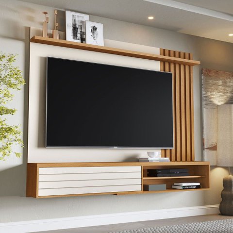 Painel para TV até 72 Polegadas Munique 1 Porta Ripado Off White/Nature - Giga Móveis