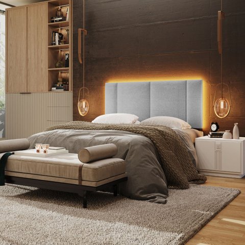 Cabeceira Estofada Cama Box Casal com Led Moderna 140 Cm:linho Cinza