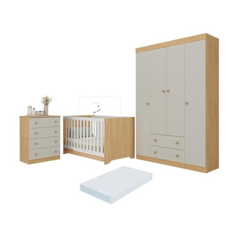 Quarto de Bebê Completo Berço Americano 3x1 Colchão Encanto Multimóveis Mp4601 Madeirado/off