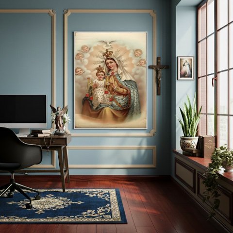 Quadro Nossa Senhora do Carmo Segura Menino Jesus - 70x50cm:moldura Branca