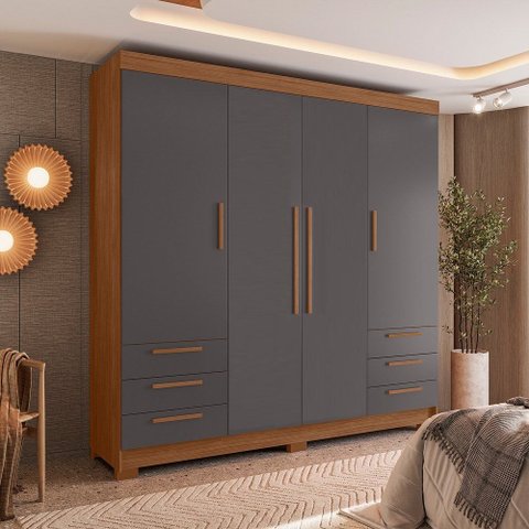 Guarda Roupa Roupeiro Casal 4 Portas 6 Gavetas Irati 4.6 Jatoba Grafite Santos Andirá