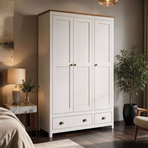 Guarda Roupa Solteiro 3 Portas 2 Gavetas Madeira Maciça Mazzaro F06 Branco Freijó - Lyam Decor