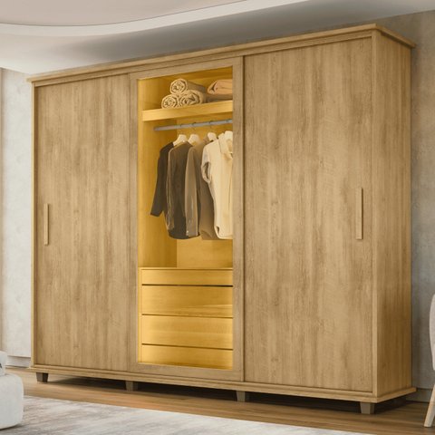 Guarda-Roupa Casal 3 Portas de Correr 1 Porta com Vidro Reflecta com LED 5 Gavetas Portugal Marrom/Cinamomo