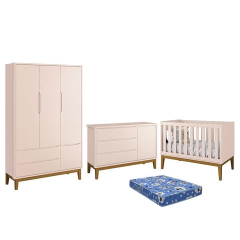 Dormitório Infantil Classic 3 Portas, Cômoda 1 Porta, Berço Rosa com Pés Amadeirado e Colchão - Rell