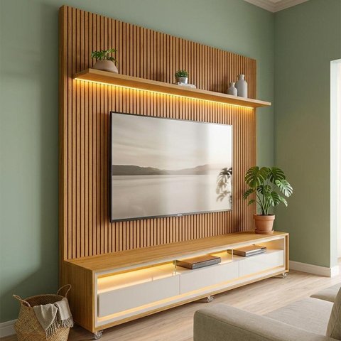Rack com Painel para TV até 90 Polegadas 100% MDF com Gavetas, LED e Vidro 224x250x38cm Off White