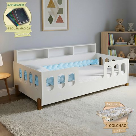 Cama Completa Nina com Colchão Exonval Trança Azul 2,5m para Quarto Infantil com Lousa Mágica