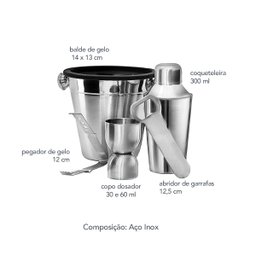 Coqueteleira Balde Copo Dosador Abridor Pegador Kit Bar Inox - 3