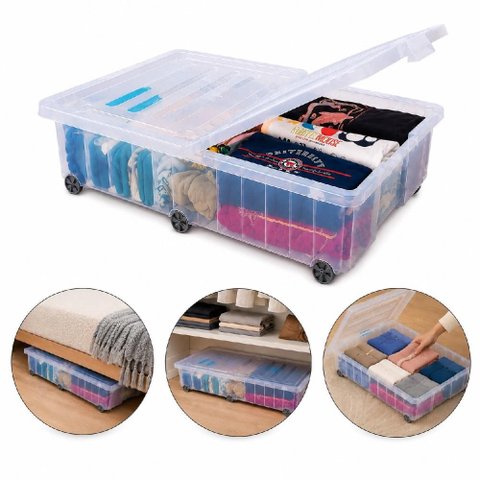 Caixa 45 Litros Transparente Carrinho 6 Rodinhas Organizador Empilhavel Grande Multiuso Cama Contain