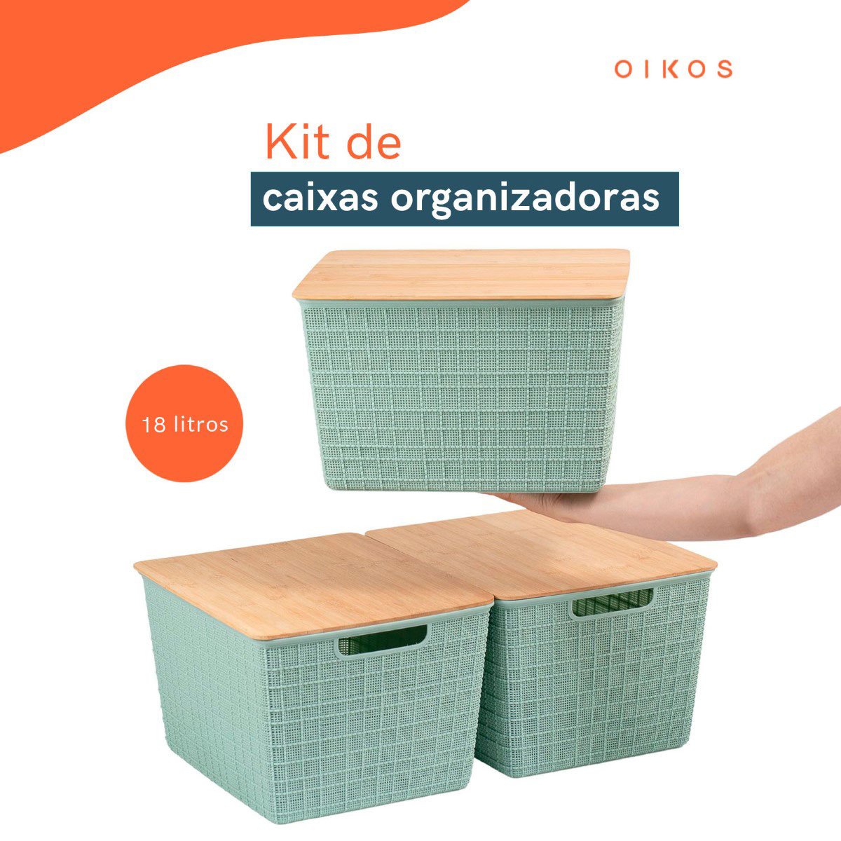 Kit 3 caixas organizadoras tampa de bambu 18l verde – Oikos - 2