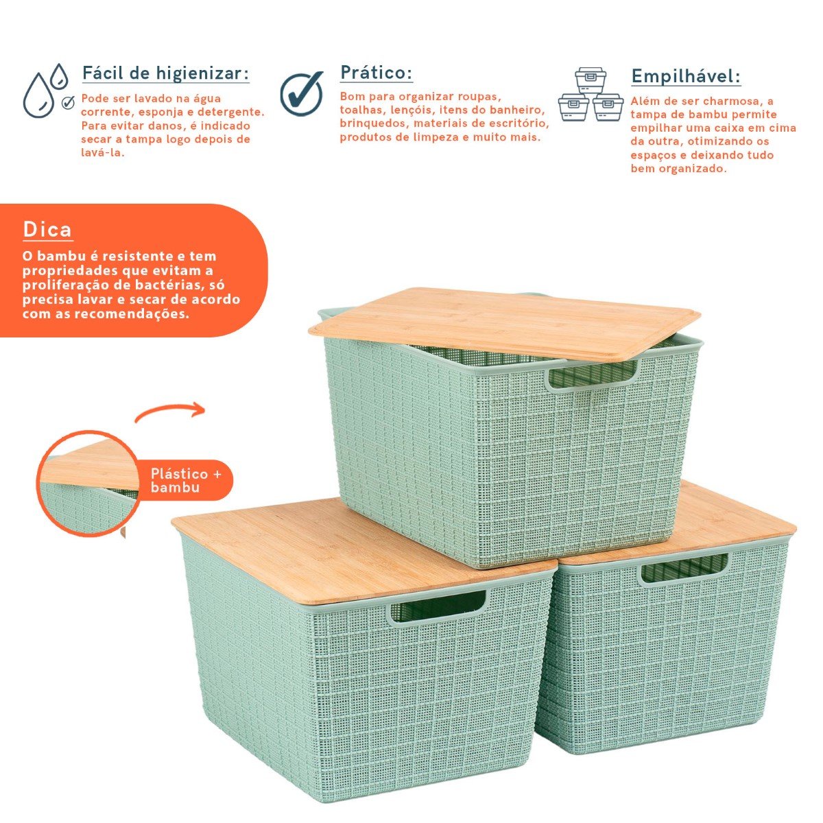 Kit 3 caixas organizadoras tampa de bambu 18l verde – Oikos - 3
