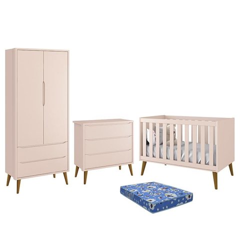 Dormitório Infantil Theo Retrô 2 Portas, Cômoda, Berço Rosa com Pés Amadeirado e Colchão - Reller Mó
