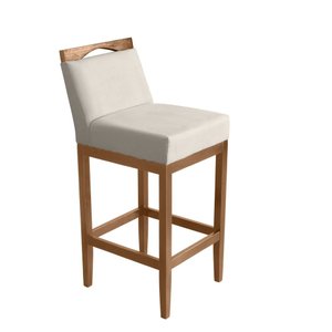 Banqueta Alta Lyara em Madeira Maciça com Encosto estofada Suede bege Marinho Móveis Banqueta Lyara