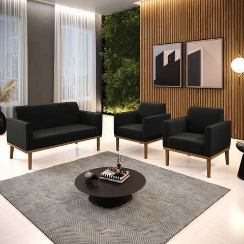 Conjunto 2 Poltronas e 1 Namoradeira Decorativa Isabella Pés Fixo em Madeira Castanho Suede Preto G1