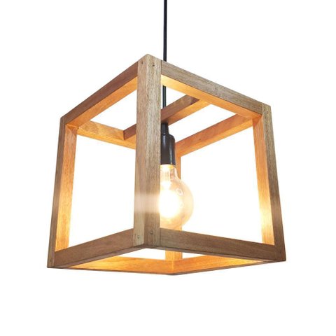 Luminária Teto Pendente Madeira Industrial Quadrado Cubo