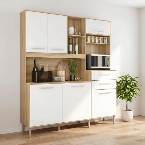 Cozinha Completa Armário de Grande 5 Portas 3 Gavetas - Freijo/off White Cristal Freijo/off White
