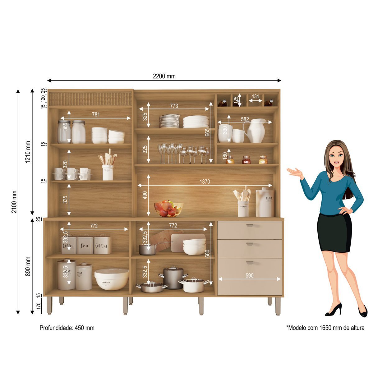 Cozinha Prática Com 16 Portas e 4 Gavetas Com Led Carla Cor Carvalho Americano Off White Clique Chiq - 3