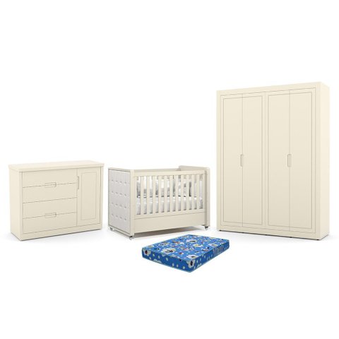 Dormitório Tutto New 4 Portas, Cômoda 1 Porta e Berço Off White com Capitonê e Colchão Physical