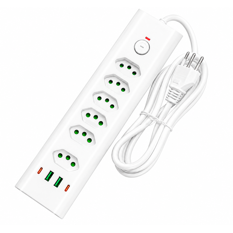 Filtro de Linha 6 Tomadas 10A 20A Dps Extensão Elétrica Bivolt Regua c/ 4 USB, Tipo C 2500W 2m