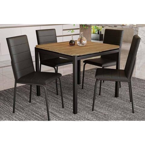 Conjunto: Mesa Sala Jantar Reno C/ Tampo de Madeira 90cm e 4 Cadeiras Amsterdã Preto Fosco/corano