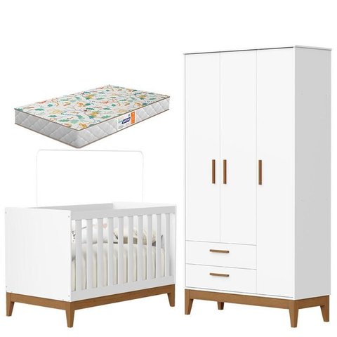 Guarda Roupa Infantil 3 Portas com Berço Americano Flip Branco Acetinado com Colchão Gazin -