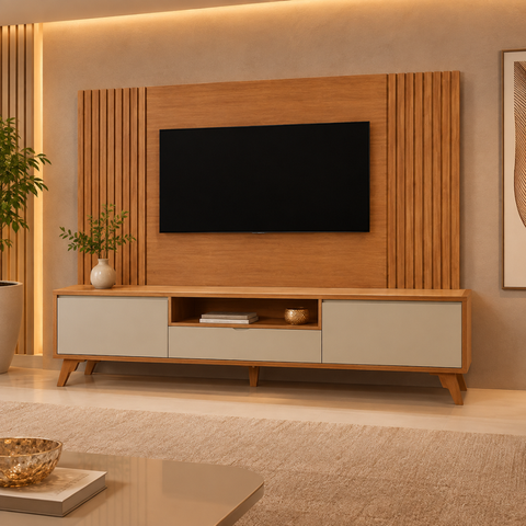 Painel Ripado Completo com Rack Áureo - Belaris Móveis:Naturalle Off White