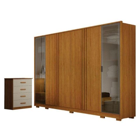 Guarda Roupa Casal Prime 6 Portas com Cômoda Rubi 4 Gavetas Cinamomo Off White - Leifer