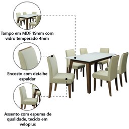 Conjunto de Mesa Sala de Jantar Tampo com Vidro 6 Cadeiras Nova York 1,60m Cedro / Off White / Areia - 5