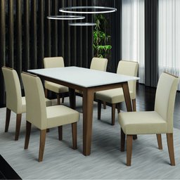 Conjunto de Mesa Sala de Jantar Tampo com Vidro 6 Cadeiras Nova York 1,60m Cedro / Off White / Areia - 2