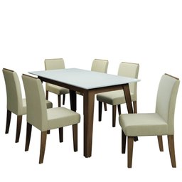 Conjunto de Mesa Sala de Jantar Tampo com Vidro 6 Cadeiras Nova York 1,60m Cedro / Off White / Areia - 1