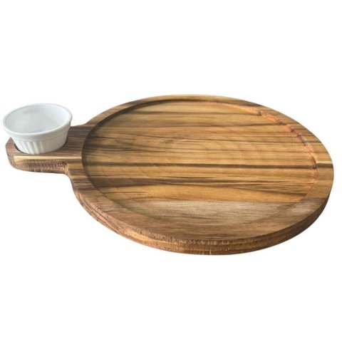 Petisqueira Tábua Teca 23cm Servir com Cabo e Ramekin 30ml Redonda Aperitivos Queijos