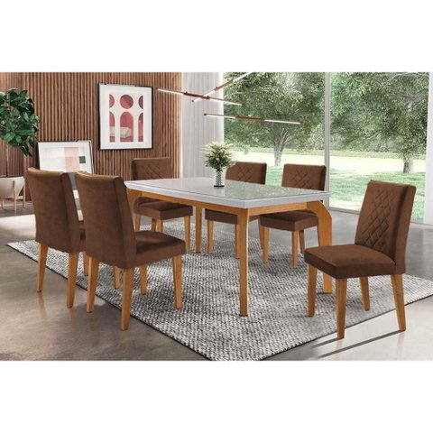 Conjunto: Mesa Sala Jantar Londrina C/ Tampo Madeirado C/ Vidro Canto Reto 180x90cm e 6 Cadeiras