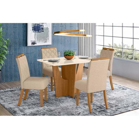 Sala de Jantar Completa Vértice Tampo Madeirado C/ Vidro Canto Reto 120x80cm e 4 Cadeiras Bella