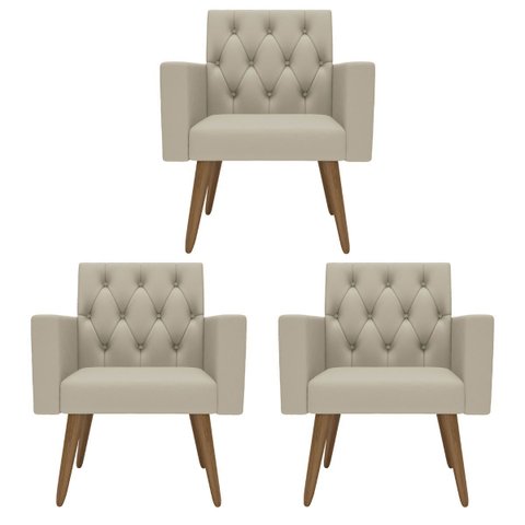 Kit 3 Poltronas Capitonê Sala Recepção Poltronas Decorativas Bege