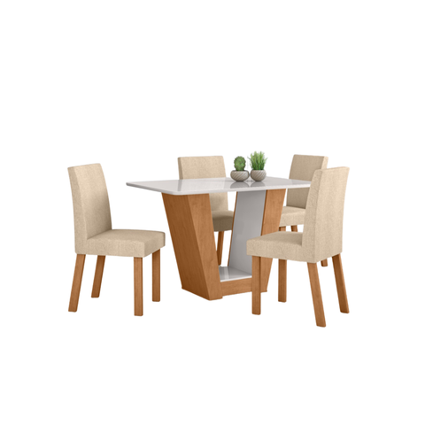 Conjunto Sala de Jantar Mesa Apogeu 120 Tampo Vidro Off White com 4 Cadeiras Laini - Lopas Amendoa C