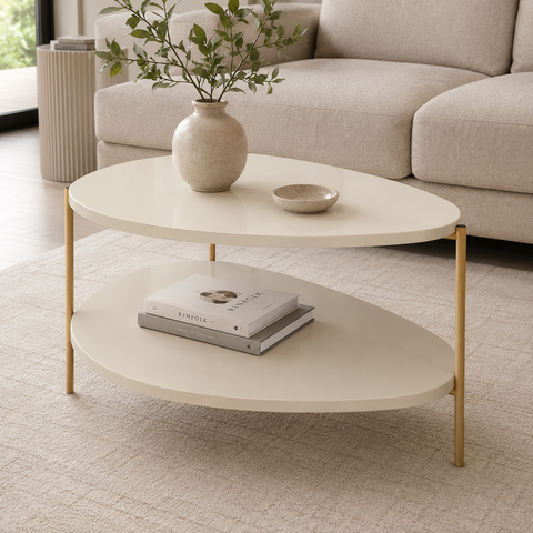 Mesa de Centro Orgânica 2 Níveis em MDF com Pés de Metal para Sala de Estar Moderna